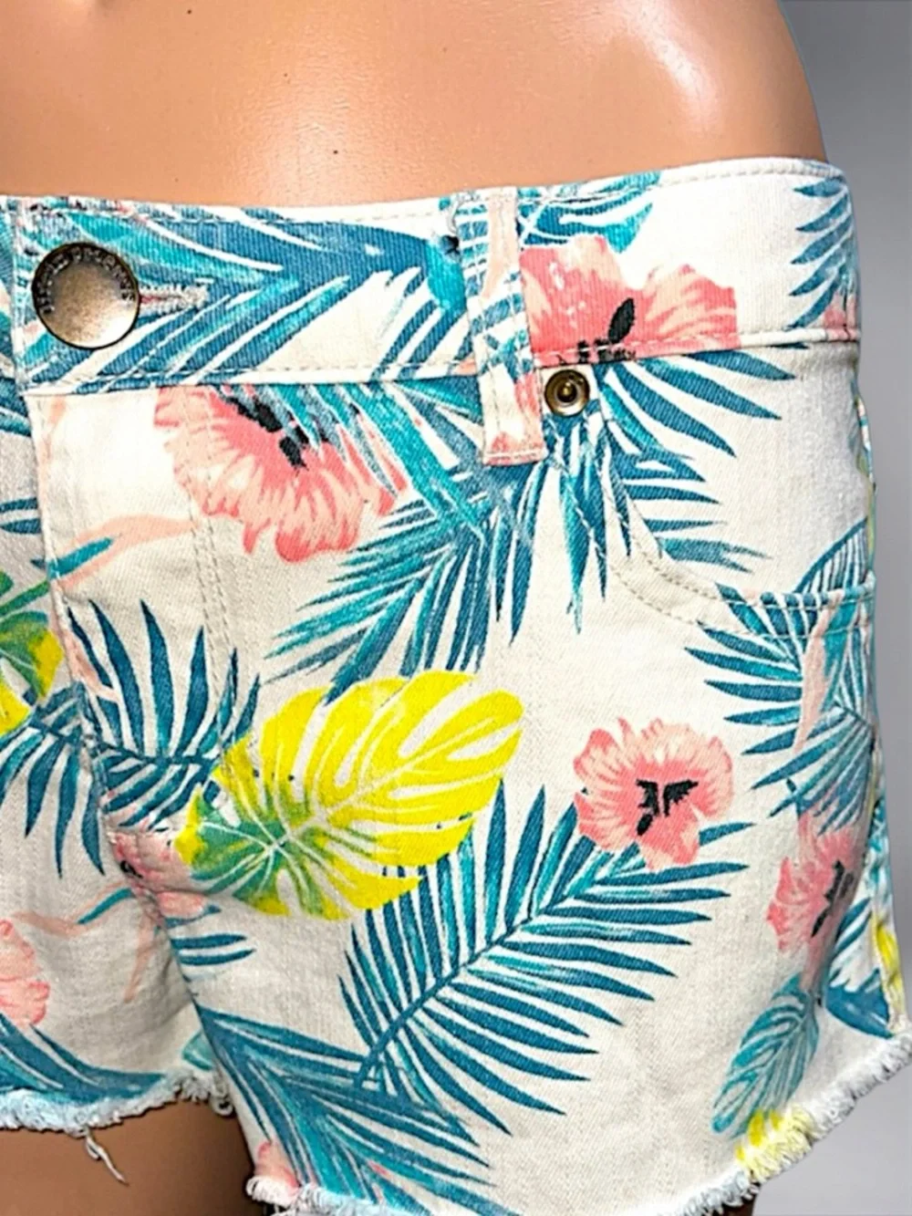 Tropical Print Women’s White Denim Shorts